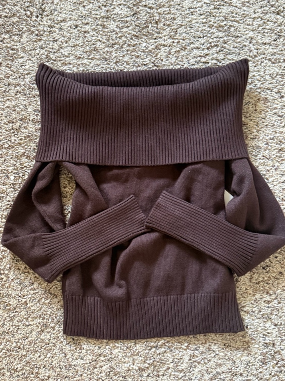 Off-Shoulder Ribbed Knit Sweater - Brown